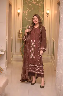 3 Pcs Women's Unstitched Embroidered Suit(hb)