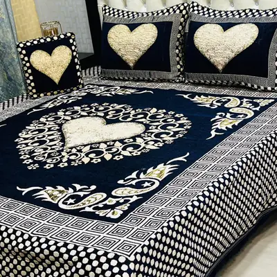 3 Pcs Velvet Jacquard Printed Double Bedsheet