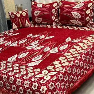 3 Pcs Velvet Jacquard Printed Double Bedsheet