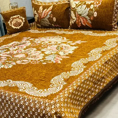 3 Pcs Velvet Jacquard Printed Double Bedsheet