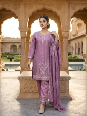 3 Pcs Women's Stitched Chiffon Hand Work Suit