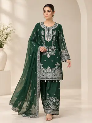 3 Pcs Women's Stitched Chiffon Hand Work Suit
