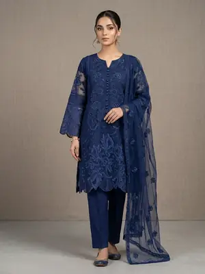 3 Pcs Women's Stitched Organza Hand Work Suit