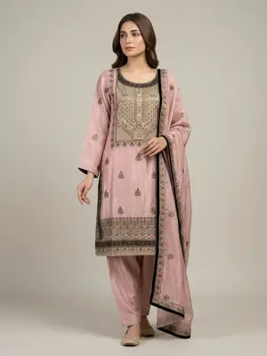 3 Pcs Women's Stitched Shamoz Silk Applique Suit
