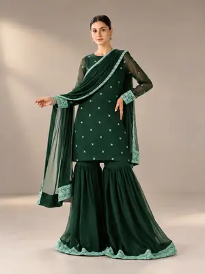 3 Pcs Women's Unstitched Sequins Embroidered Suit