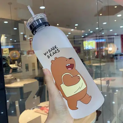Cute We Bare Bears Frosted Water Bottle with Straw