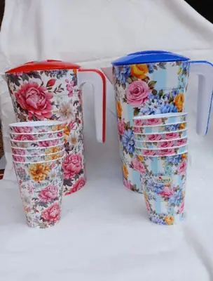 7 Pcs Floral Water Jug Set With 6 Glasses Water Set