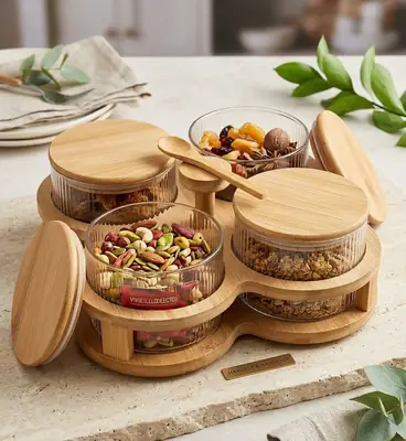 Acrylic Wooden Dry Fruit Jar Set 5 Pcs with Stand 