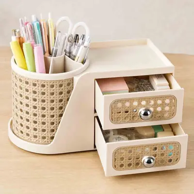 Cosmetic Storage Box Rotating Double Layer Shelf Pen Holder 