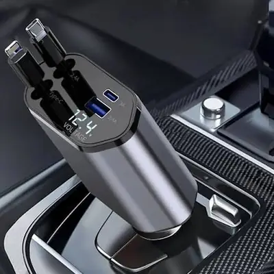 120W Car Charger with Voltage Display, Type-C & iPhone Cable
