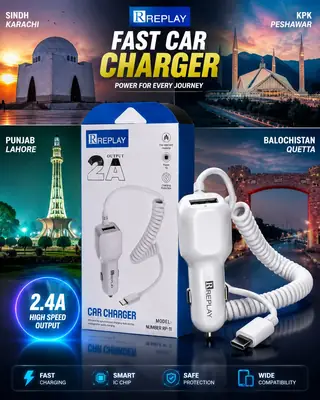 Pack of 2 Replay Car Charger 2.4A Fast Charging Cable