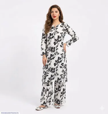 Women's White Floral Pajama Set 2 Pcs Polo Cotton