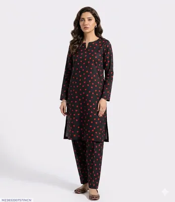 Navy Printed Kurta Pajama Set for Women 2 Pcs Black Polo Cotton