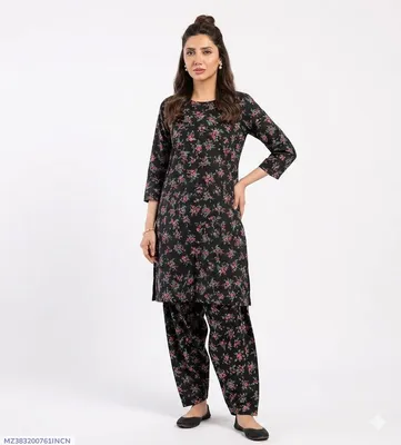 Women Floral Kurta Pajama Set Black 2Pcs