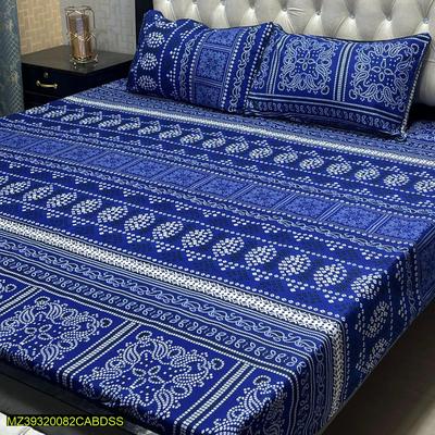 Crystal Cotton Double Bedsheet Set Royal Blue White Geometric Floral thumbnail 2