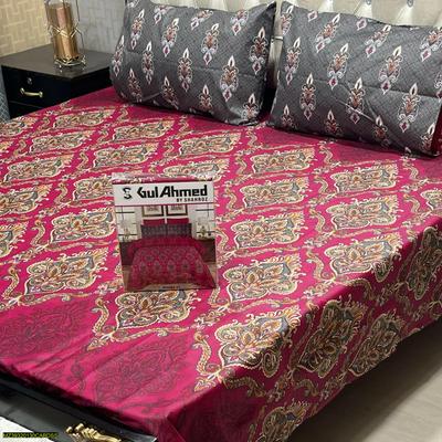 King Size Cotton Paisley Bedsheet Set Magenta Gold Gray thumbnail 2