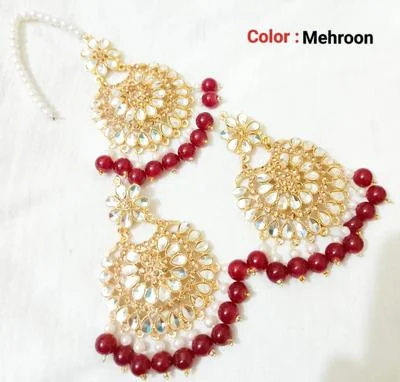 Mehroon Kundan Earrings With Bindiya Set