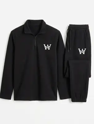 2 Pcs Men's Premium Tracksuit - Stylish Half Zip Shirt & Trouser Set | Black Athletic Gym & Casual Wear