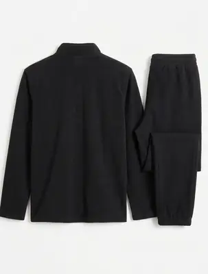2 Pcs Men's Premium Tracksuit - Stylish Half Zip Shirt & Trouser Set | Black Athletic Gym & Casual Wear thumbnail 2