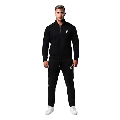 Men's Black Tracksuit Set | Half Zip Sweatshirt & Plain Joggers | Casual Winter Fleece Suit for Men