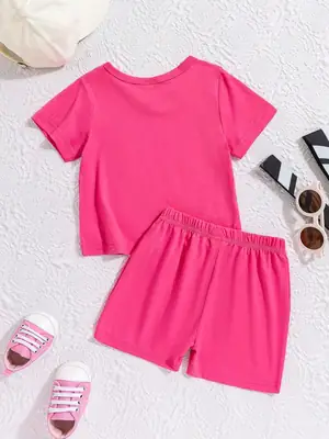 Girls' Pink Printed Polyester Shorts - 2 Pcs Set thumbnail 2