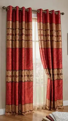 1 Pc Printed Jacquard Indoor Home Curtain in Red & Gold