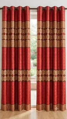1 Pc Printed Jacquard Indoor Home Curtain in Red & Gold thumbnail 2