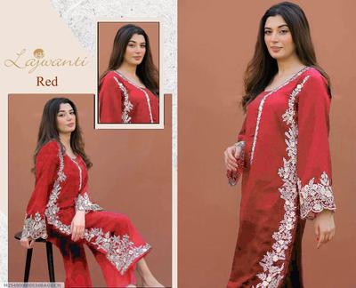 Red Embroidered Lawn Suit for Weddings Parties Pakistan thumbnail 3