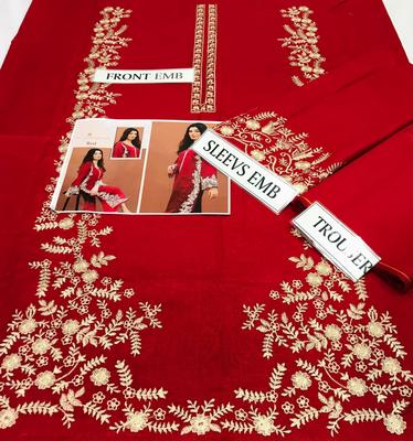 Red Embroidered Lawn Suit for Weddings Parties Pakistan thumbnail 2