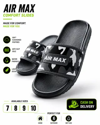 Air Max Camo Slides for Men – Lightweight Comfort Slippers with Anti-Slip Sole (Black)
