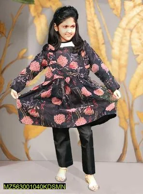 Black Floral Cotton Frock & Trousers Set for Girls 1-10 thumbnail 3