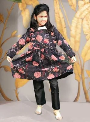 Black Floral Cotton Frock & Trousers Set for Girls 1-10