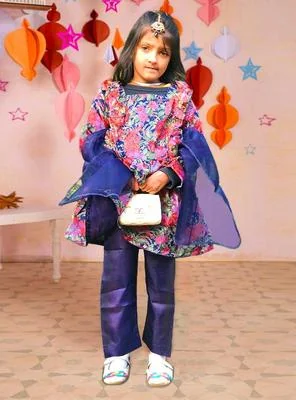 Girls Floral Cotton 2-Piece Set Blue Trousers