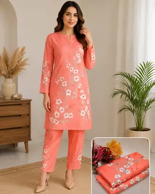 2 Pcs Women's Unstitched 3-D Block Printed Suit
