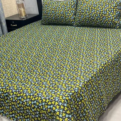 3 Pcs Crystal Cotton Printed Double Bedsheet