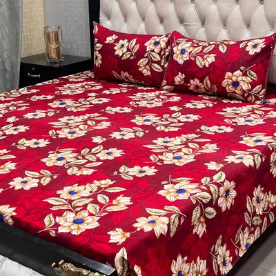 3 Pcs Crystal Cotton Printed Double Bedsheet