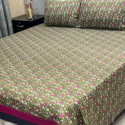 3 Pcs Crystal Cotton Printed Double Bedsheet