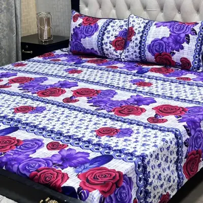 3 Pcs Crystal Cotton Printed Double Bedsheet
