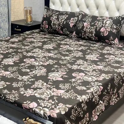 3 Pcs Crystal Cotton Printed Double Bedsheet