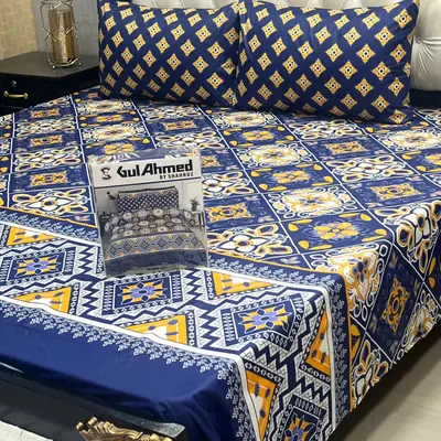 3 Pcs Cotton Printed Double Bedsheet