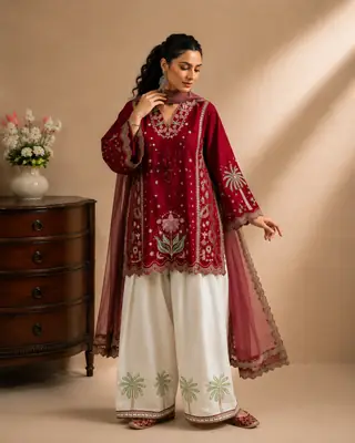 3 Pcs Women's Stitched Cotton Embroidered Suit