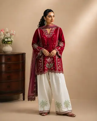 3 Pcs Women's Stitched Cotton Embroidered Suit thumbnail 3