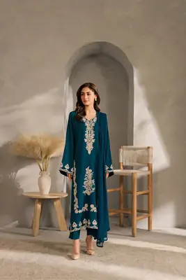3 Pcs Women's Stitched Linen Embroidered Suit