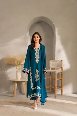 3 Pcs Women's Stitched Linen Embroidered Suit thumbnail 2