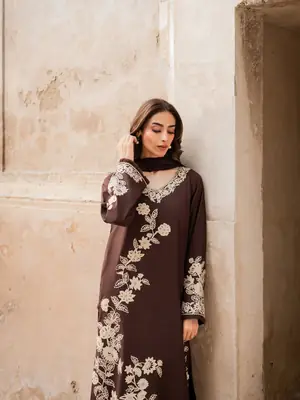 3 Pcs Women's Stitched Linen Embroidered Suit thumbnail 3