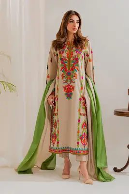 3 Pcs Women's Stitched Linen Embroidered Suit