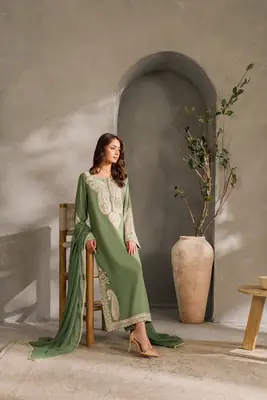 3 Pcs Women's Stitched Linen Embroidered Suit thumbnail 2