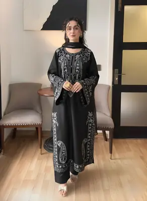 3 Pcs Women's Stitched Linen Embroidered Suit