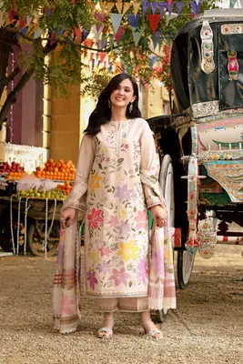 3 Pcs Women's Stitched Linen Embroidered Suit