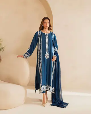 3 Pcs Women's Stitched Linen Embroidered Suit